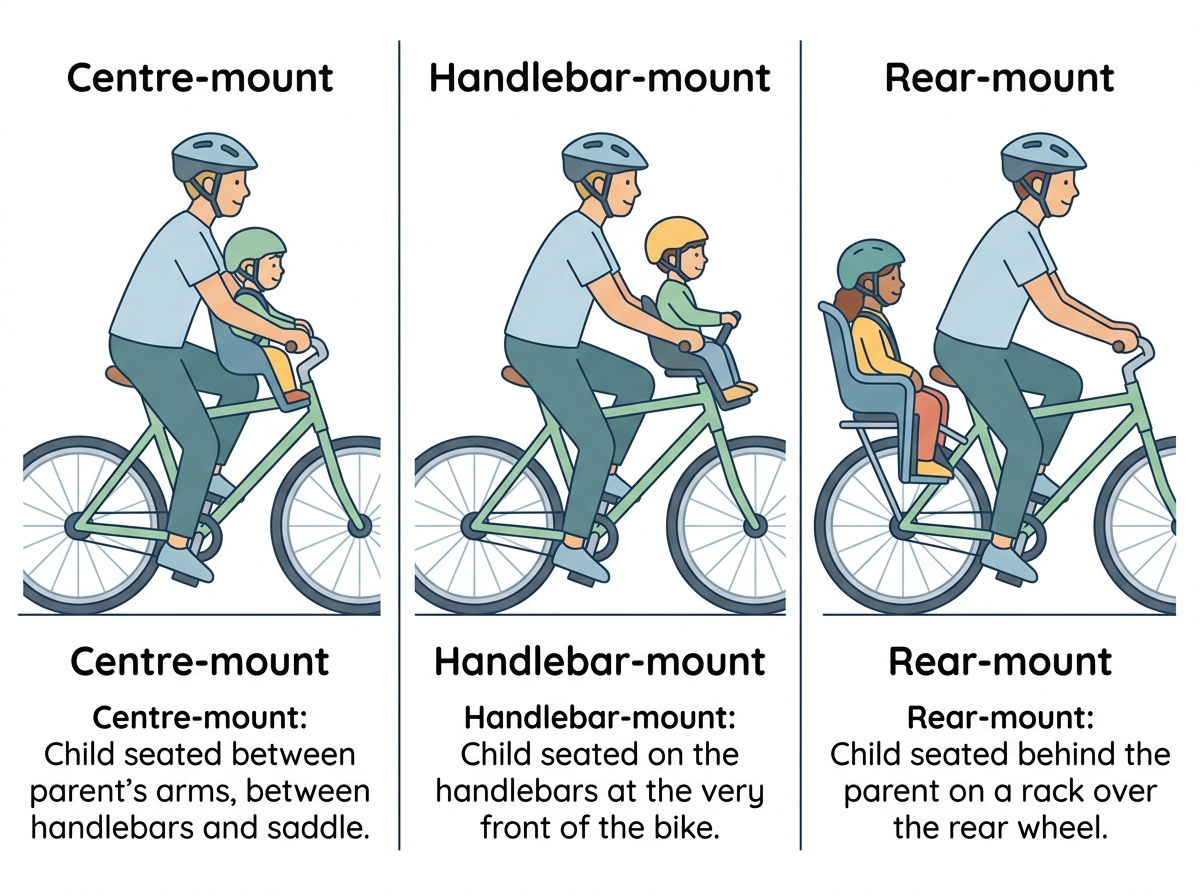 Infographic comparing three child bike seat mounting positions: centre-mount, handlebar-mount, and rear-mount