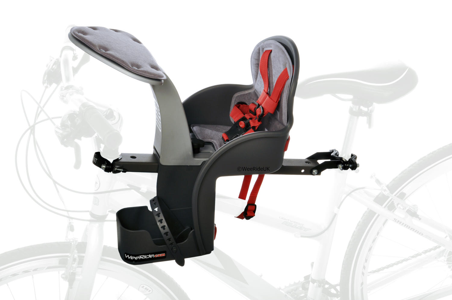 WeeRide Safe Front baby bike seat mounted on an adult bicycle showing the centre-mount crossbar attachment
