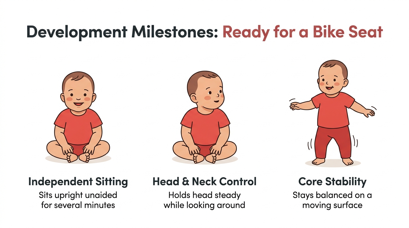 Three developmental milestones showing a baby is ready for a bike seat: independent sitting, head and neck control, and core stability